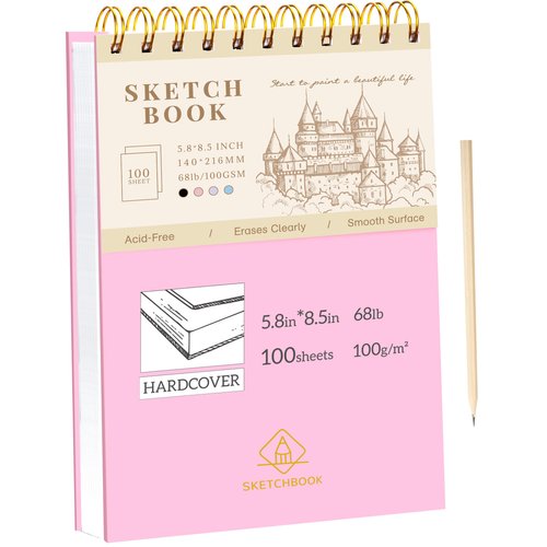 Yoment Sketchbook for Drawing Top Spiral Bound Sketch Pad for Kids 5.5" x 8.5" Hardcover Sketch Book(68lb/100gsm) Small Artist Drawing Blank Paper Notebook for Painting Sketching Pad with Pencil, Pink