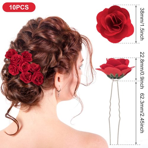 PAGOW 10pcs Rose Hair Clips, Pin Up Rose Flowers Hairpin Clips, Rose Flower Brooch Headpieces, For Women Girl Wedding Valentine Decoration (Rose Diameter 1.5 inch / 38mm)