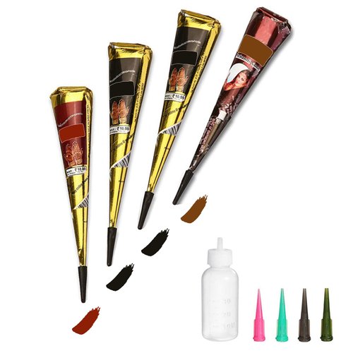 Temporary Tattoos Kit, 4Pcs Semi Permanent Tattoo Paste Cones, India Body DIY Art Painting for Women Men Kids, Summer Trend Hand Plaste with 3 Colors(1Pc Bottle,4Pcs Nozzles)20Pcs Adhesive Stencil