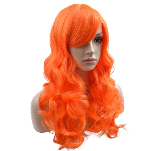 BERON Orange Wig Long Wavy Wig Orange Wig with Bangs for Women Orange Wig Long Curly Wig Orange Wig Synthetic Wig with Wig Cap