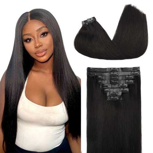 Seamless Clip in Hair Extensions Real Human Hair Silky Straight Seamless Hair extensions for Woman Invisible PU Weft Natural Black Thick Hair Extensions 120g with 8 Pcs 18 Clips (1B,14Inch)