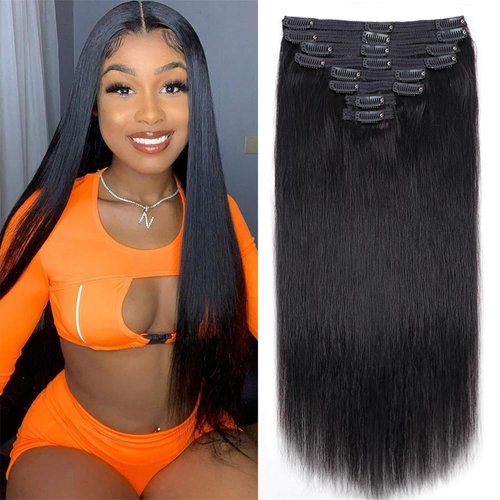 Straight Clip in Hair Extensions Real Human Hair Black Women Natural Black Clip ins for Women 18 Inch Seamless Clip in Hair Extensions Soft and Natural Straight Hair Extensions120g 8pcs