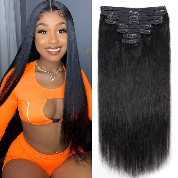 Straight Clip in Hair Extensions Real Human Hair Black Women Natural Black Clip ins for Women 18 Inch Seamless Clip in Hair Extensions Soft and Natural Straight Hair Extensions120g 8pcs