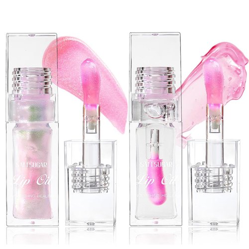 Color Changing Lip Oil,Clear to Pink Magic Big Brush Color Changing Hydrating Lip Glow Oil,Long Lasting Nourishing Non-sticky Lip Oil Tinted for Lip Care and Dry Lips (Pink+Transparent)