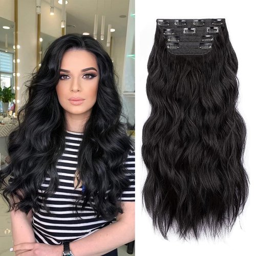 Black Hair Extensions, 4Pcs Clip in Hair Extensions, 20 Inches Long Curly Hair Extensions Clip ins, Soft Synthetic Hair Extensions (Color: Black)