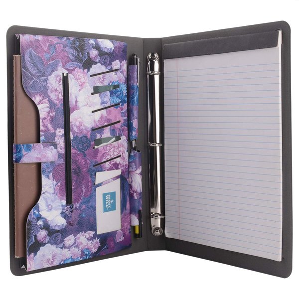 3-Ring Binder Portfolio Case, Floral Painting PU Leather Binder Padfolio, Business Planner Organizer with Notepad Holder