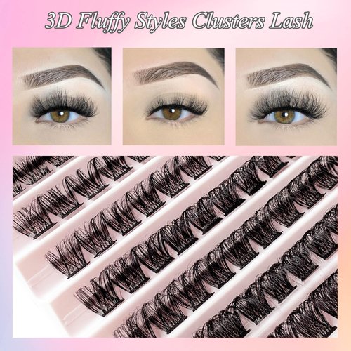 3D Flufffy Lash Extension Kit D Curl Lash Clusters WHYBRAW Eyelash Extension Kit with 7 Days Long Lasting Bond Lash Bond and Seal 120 Pcs Natural Individual Lashes Kit with Cluster Lash Tweezers