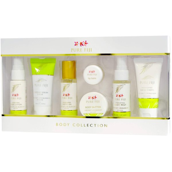 Pure Fiji Body Collection 7pacs- Bath and Body Gift Set Include - Body Mist,Coconut Crush, Body Oil, Body Butter, Soap, Body Lotion, Hand Creme - Travel Size, Scent Coconut Lime Blossom
