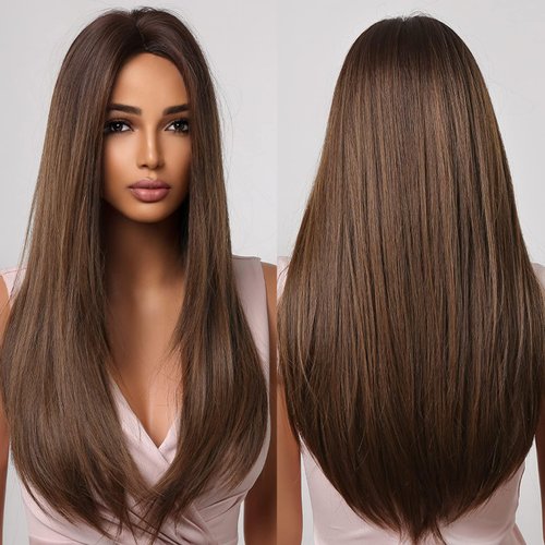 Allbell Brown Wigs for Women Long Straight Wig Layered Brown Hair Wig 24Inch Middle Part Dark Brown Wig Natural Heat Resistant Synthetic Fiber Wig for Party Halloween