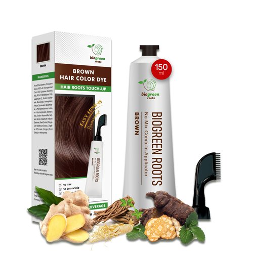 Biogreen Roots Ammonia-Free Herbal Hair Shampoo - Effectively Covers Gray Hair for Men and Women - Natural Color and Herbal Nourishment - No Stain on Skin - Brown (150 ml)