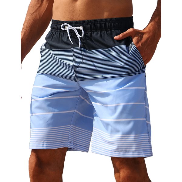 ELETOP Men's Swim Trunks Quick Dry Board Shorts Beach Swimming Trunks Holiday Bathing Suits Stripe Blue TK117 M