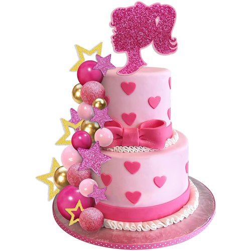 36 PCS Hot Pink Girl Cake Topper Balls Cake Decorations with Pink and Gold Balls Shiny Stars for Wedding Baby Shower Anniversary Girl Birthday Themed Party Supplies (Stars)