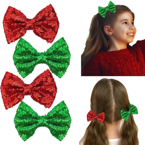 Christmas Hair Bow Clip Red Green Sequins Bow Glitter Hairpin Christmas Hair Barrettes Ribbon Bows Christmas Hair Accessories for Toddler Girls Decoration（4pcs）
