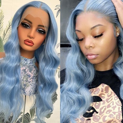 Lovestory Long Blue Synthetic Lace Front Wigs Loose Wave13X4 Pre Plucked Heat Resistant Synthetic HD Lace Front Wig for Fashion Women