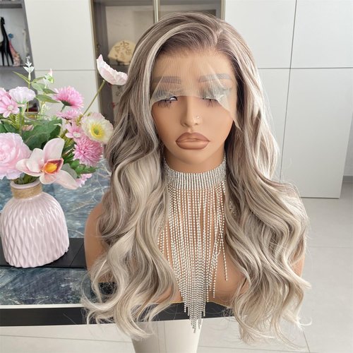 Carkira Ash Blonde with Brown Wig Highlight 13x4 Lace Front Wigs Loose Body Wave Synthetic Fiber Pre Plucked 18Inch for Women