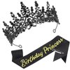 CAVETEE Princess Crown and Birthday Princess Sash,Black Birthday Tiara With Glitter Sash for Princess Party Decorations Happy Birthday Accessories Birthday Crown and Tiara for Women Girls