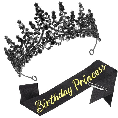 CAVETEE Princess Crown and Birthday Princess Sash,Black Birthday Tiara With Glitter Sash for Princess Party Decorations Happy Birthday Accessories Birthday Crown and Tiara for Women Girls