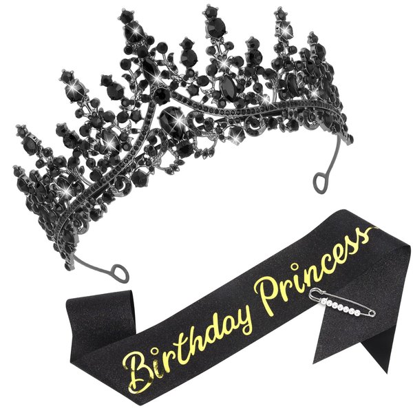 CAVETEE Princess Crown and Birthday Princess Sash,Black Birthday Tiara With Glitter Sash for Princess Party Decorations Happy Birthday Accessories Birthday Crown and Tiara for Women Girls