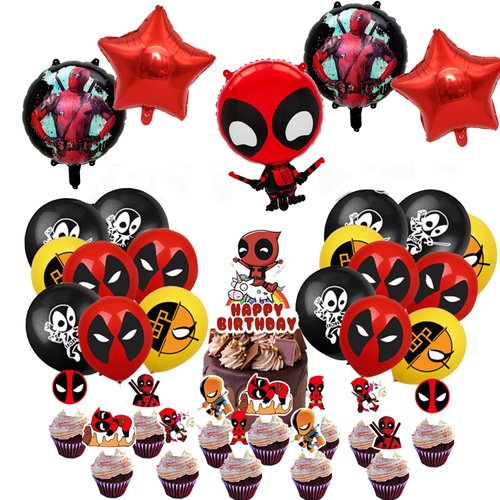 Dead pool Birthday Party Decorations, Catoon Hero Theme Party Supplies Include Cupcake Toppers, Foil Balloons for Kids Adults hero Party Decor