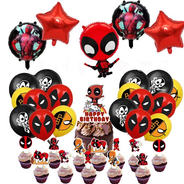 Dead pool Birthday Party Decorations, Catoon Hero Theme Party Supplies Include Cupcake Toppers, Foil Balloons for Kids Adults hero Party Decor