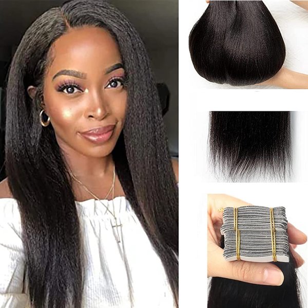 Hair Extensions Tape in Human Hair Natural Black Tape in Hair Extensions Human Hair Yaki Straight Skin Weft Invisible Real Human Hair Lightweight Seamless 9A Remy Human Hair 50g 20Pcs 16 Inch