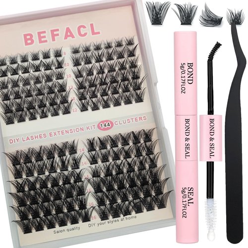 DIY Lash Extension Kit 144 pcs Lash Clusters With Lash Bond and Seal Eyelash Tweezers 8-16MM D Curl Individual Eyelash Extension Kit for Self Application DIY at Home, by BEFACL