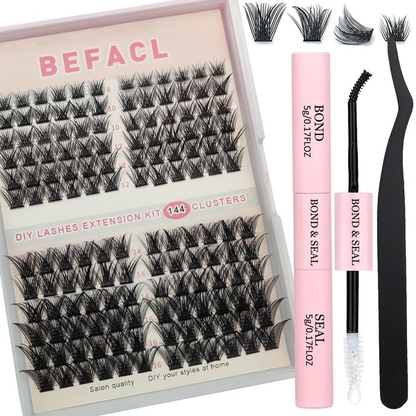 DIY Lash Extension Kit 144 pcs Lash Clusters With Lash Bond and Seal Eyelash Tweezers 8-16MM D Curl Individual Eyelash Extension Kit for Self Application DIY at Home, by BEFACL
