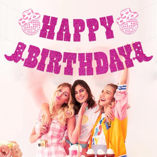 Western Cowgirl Happy Birthday Banner Pink Birthday Party Decoration and Glitter Cowgirl Hat Disco Ball Garland for Disco Girls Birthday Bachelorette Party Birthday Cake Toppers Decoration