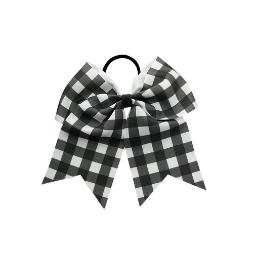 Checkered Plaid Cheer Bow Buffalo Plaid Ponytail Holder Plaid Cheerleading Bow Checkerboard Hair Ring Tie PHB12 (A0-Black White)