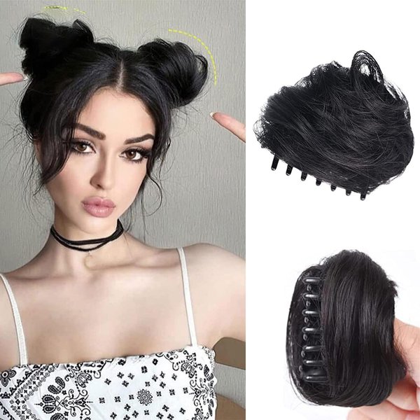 mdgfge 2 Pcs Mini Claw Clip in Hair Bun Messy Cat Ears Hair Piece Short Claw on Extensions Synthetic Fake Space Buns Hair Chignon Donut Updo Hairpieces Wig Accessory for Women Girls