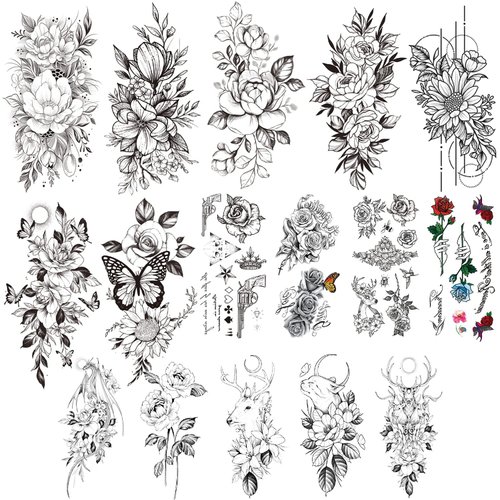 Cerlaza 16 Sheets Temporary Tattoos for Women Adults, Fake Flower Tatuajes Temporales Semi Permanent Half Arm Sleeve Tattoos, Long Lasting Realistic Flower Leg makeup Waterproof Tattoos Stickers