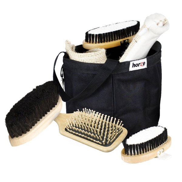 HORZE 7-Piece Set Wooden Horse Grooming Kit with Nylon Grooming Tote Bag - Black - One Size