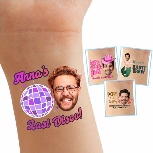 Bachelorette Tattoos, Adult Temporary Tattoo, Groom's Face Custom Temporary Tattoos, Personalized Bachelorette Party Tattoos Hens Games Temporary Tattoo Face Bride Tattoo Sticker Pack of 15
