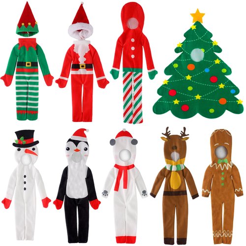 Syhood 9 Pcs Christmas Elf Accessories Clothes Costume Santa Reindeer Snowman Bear Gingerbread Elf Doll Costume Christmas Tree Outfit Birthday Doll Clothing for Christmas Party Decorations