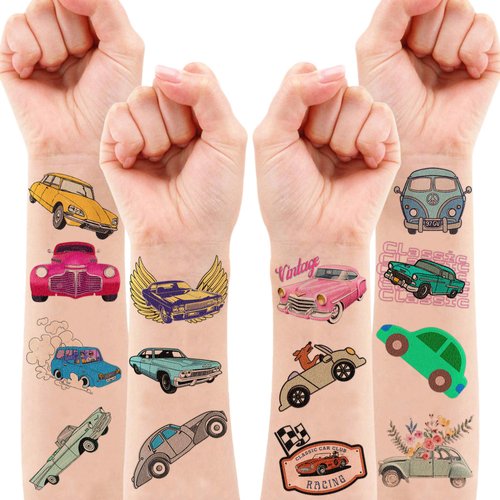 119 PCS Classic Vintage Race Car Temporary Tattoos Sticker Race Car Themed Birthday Party Decorations Supplies Favors Gifts Boys Girls Men Women Retro Cute Fake Tattoo School Prizes Carnival