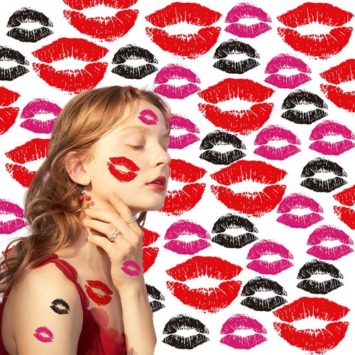 BASEMMAHER 150Pcs Valentine's Lip Kiss Temporary Tattoos Sticker Red Black Lip Print Waterproof Fake Tattoo Stickers Face Body Decals for Women Girls Lover Theme Decorations Favor Party Supplies