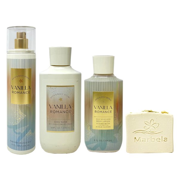 Bath & Body Works Vanilla Romance Trio with a Wild Jasmine Soap - Fragrance Mist - Body Wash and Body Lotion - Full Size