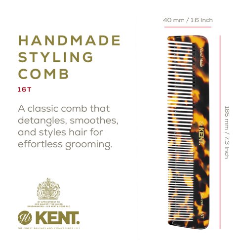 Kent 16T Fine Tooth Comb and Wide Tooth Comb Handmade Styling Comb - Beard Comb and Hair Comb, Mens Hair Comb, Mustache Comb, and Comb for Women - Hair Styling and Detangling Comb Detangler Comb