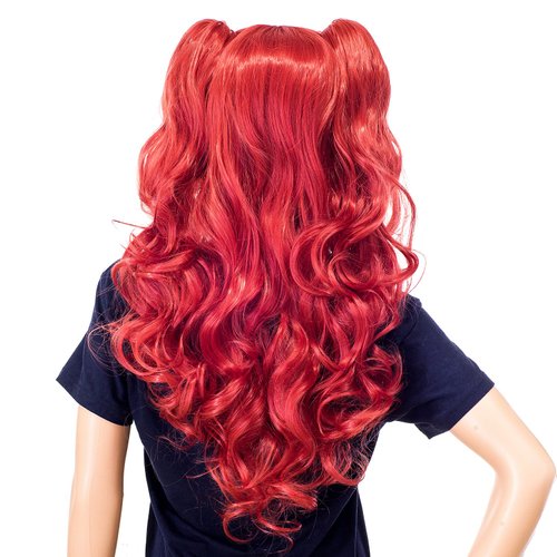 SWACC Long Curly Double Claw Clip on Ponytail Wig Synthetic Pastel Colorful Cosplay Daily Party Wig for Women with Wig Cap (Red)