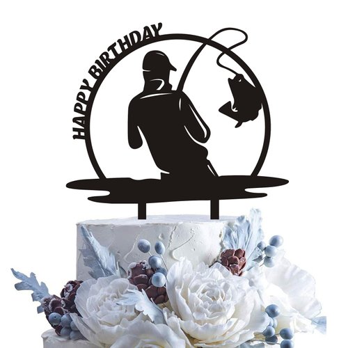 Funny Fishing Happy Birthday Cake Topper Fisherman Birthday Party Decorations Outdoor Gone Fishing Themed Birthday Party Supplies Boys and Girls Birthday Party Decorations