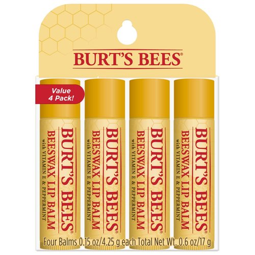 Burt's Bees Lip Balm Stocking Stuffers, Moisturizing Lip Care Holiday Gift, 100% Natural, Original Beeswax with Vitamin E & Peppermint Oil (4 Pack)
