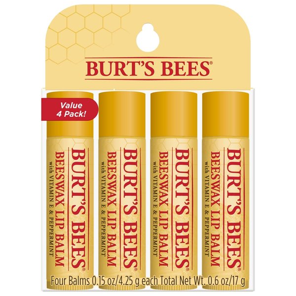 Burt's Bees Lip Balm Stocking Stuffers, Moisturizing Lip Care Holiday Gift, 100% Natural, Original Beeswax with Vitamin E & Peppermint Oil (4 Pack)