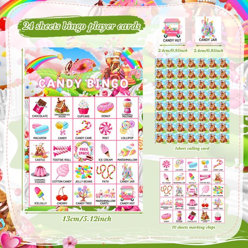 Shappy 35 Pieces Christmas Candy Bingo Games 24 Players Candyland Party Favors Xmas Candy Land Ice Cream Donut Lollipop Bingo Cards for Sweet Birthday Holiday Party Games Gifts Supplies