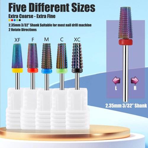 Yakamoz 5Pcs Carbide Nail Drill Bits Set, 3/32 Inch Shank Professional Nail File Drill Bits XC C M F XF Nail E File Bits Safety Efile Nail Bits for Acrylic Nails Gel Polish Manicure, 2 Way Rotate