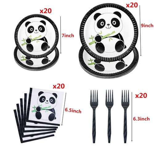 80 Pcs Black White Panda Birthday Party Supplies, Disposable Tableware Set with Panda Dinner Plates Dessert Plate Napkin and fork for Kids Baby Shower Birthday Decorations, Serves 20 Guests