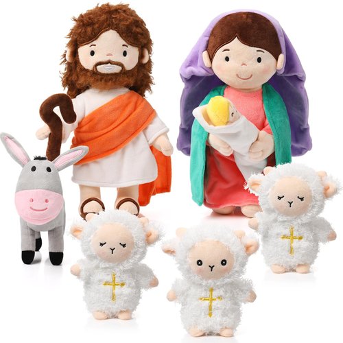 HyDren 6 Pcs Christian Religious Plush Doll Set 11 Inch Saint Joseph Virgin Mary with Baby Jesus and Donkey Lambs, Bible Stuffed Plush Jesus Doll God Plushies Gifts for Religious Christening Christmas