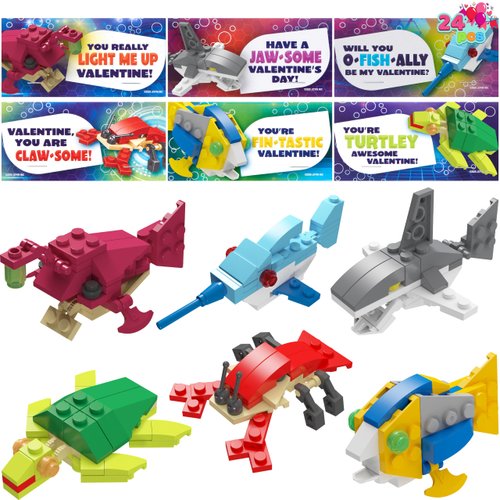 JOYIN 24 Packs Valentines Day Cards with Sea Animal Building Blocks for Valentine Party Favor, Classroom Exchange Prize, Valentine’s Greeting Cards
