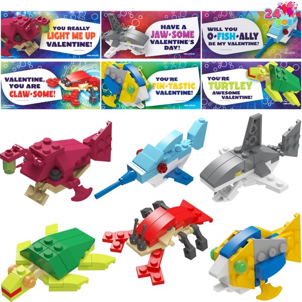 JOYIN 24 Packs Valentines Day Cards with Sea Animal Building Blocks for Valentine Party Favor, Classroom Exchange Prize, Valentine’s Greeting Cards