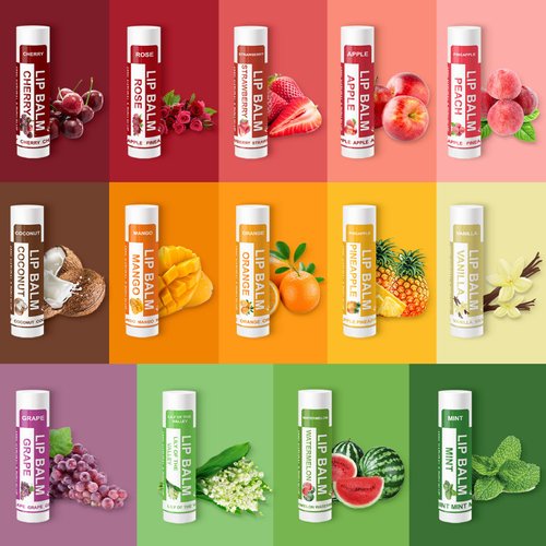 Yopela 14 Pack Natural Lip Balm in Bulk with Vitamin E and Coconut Oil - Moisturizing, Soothing, and Repairing Dry and Chapped Lips - 14 Flavors - Non-GMO - With Greeting Card