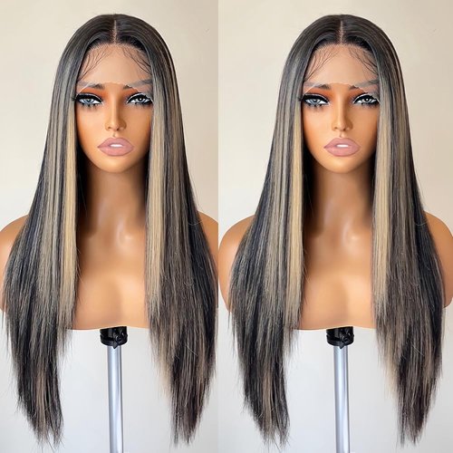 FABÉLLE Honey Blonde Highlight Lace Front Wigs 13x4x1 HD Lace Long Straight Glueless Wigs Pre Plucked Highlight Wigs Yaki Straight Synthetic Lace Front Wig 26 Inch